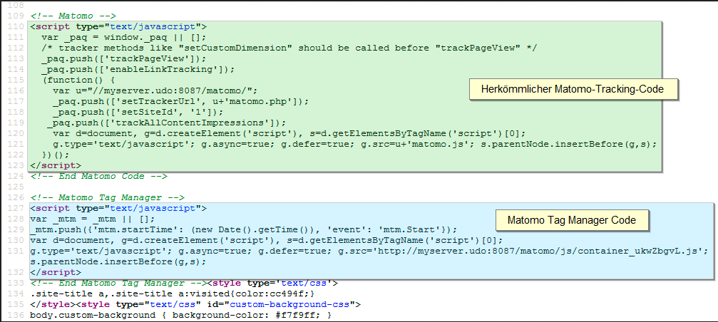 Bild 1: Trackt man nicht mit dem Matomo Tag Manager, können beide JavaScript-Blöcke von Matomo parallel im HTML stehen. Matomo HTML Snippets für Tag Manager und herkömmliches Tracking