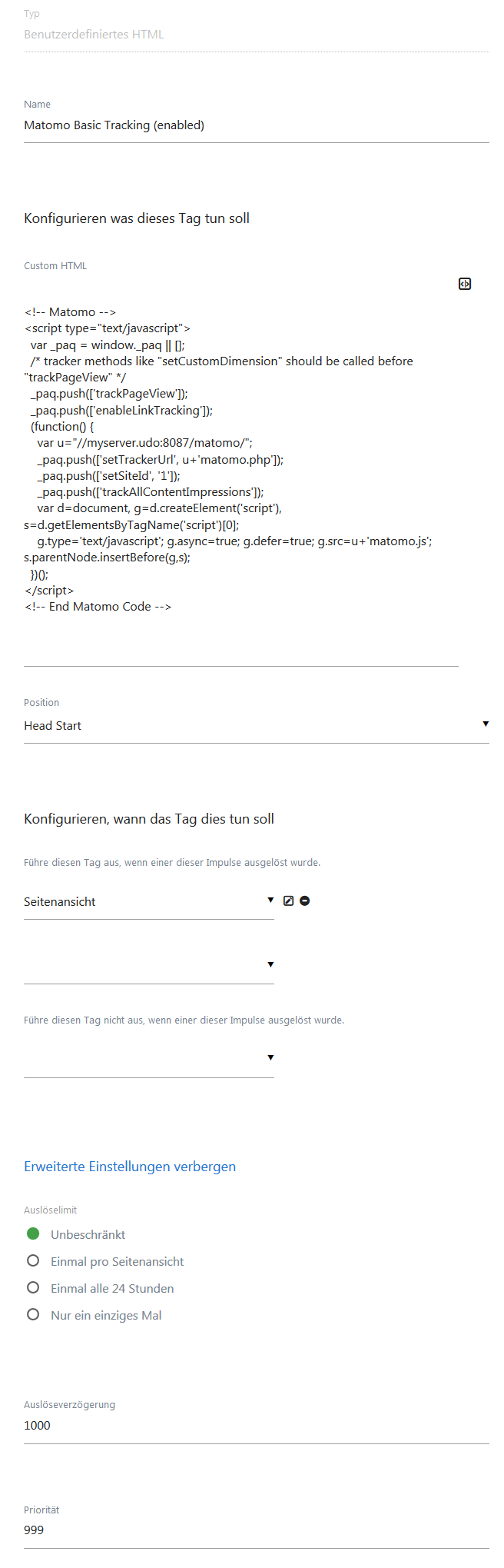 Bild 8: Szenario 3. Ein Tag vom Typ "Benutzerdefiniertes HTML" nimmt den herkömmlichen (ggf. angepassten) Tracking-Code auf. Dieses Tag wird bei jedem Seitenladen zeitverzögert ausgeführt. Benutzerdefiniertes HTML Tag Matomo Tag Manager