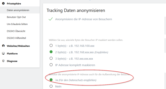 Screenshot Matomo Anonymisierung