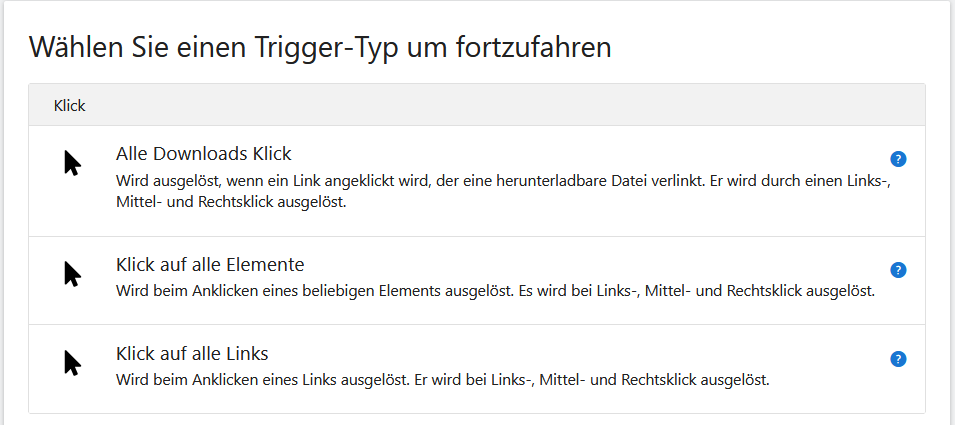 Screenshot Matomo Tag Manager Trigger Typen zum Klicken