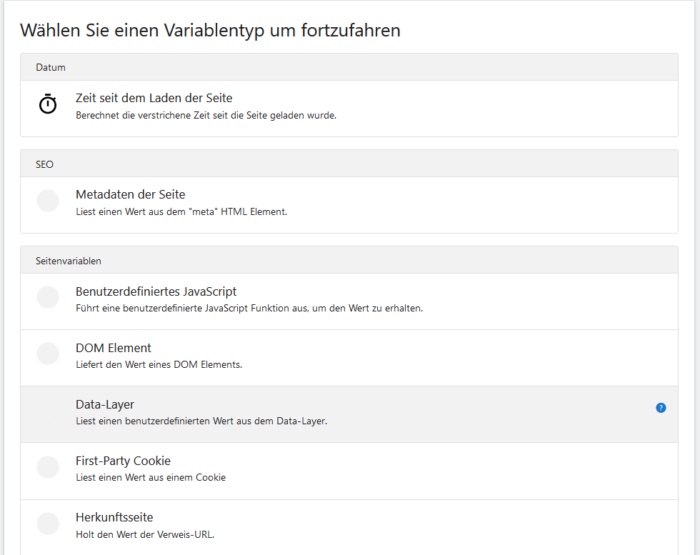 Screenshot Matomo Tag Manager Variablentyp Auswahl