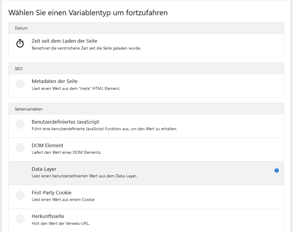 Screenshot Matomo Tag Manager Variablentyp Auswahl