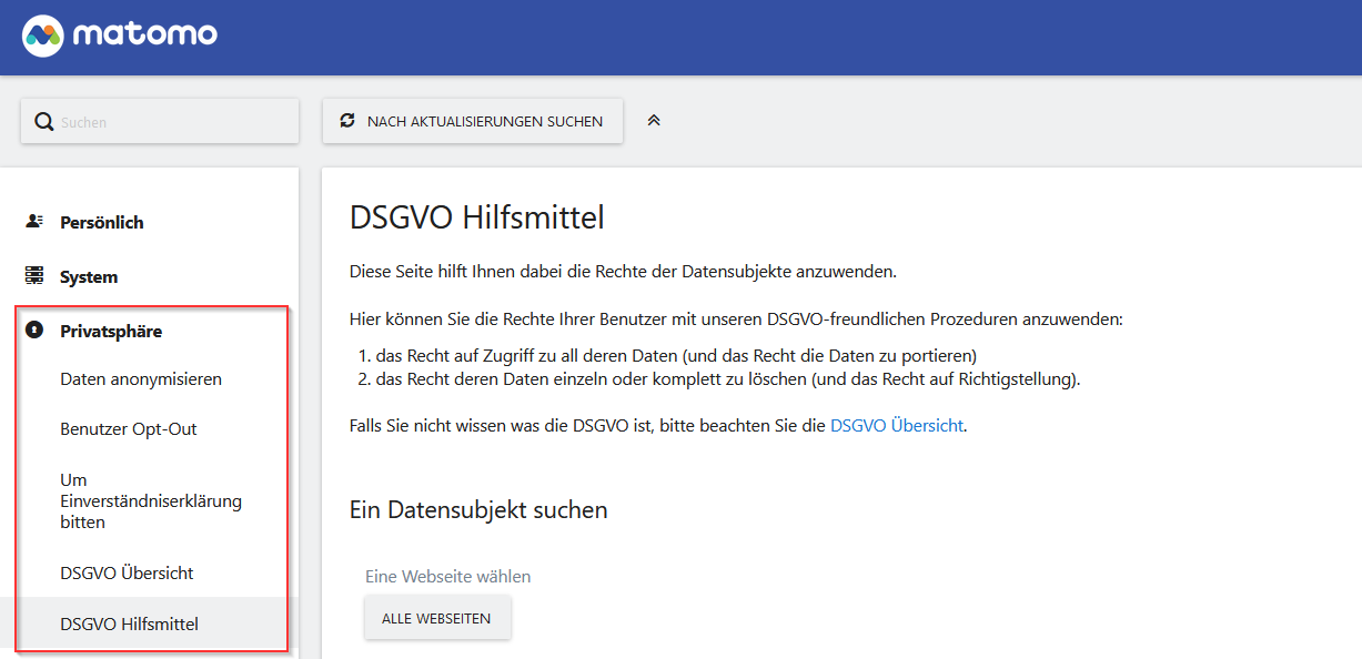 Screenshot DSGVO Hilfsmittel Matomo