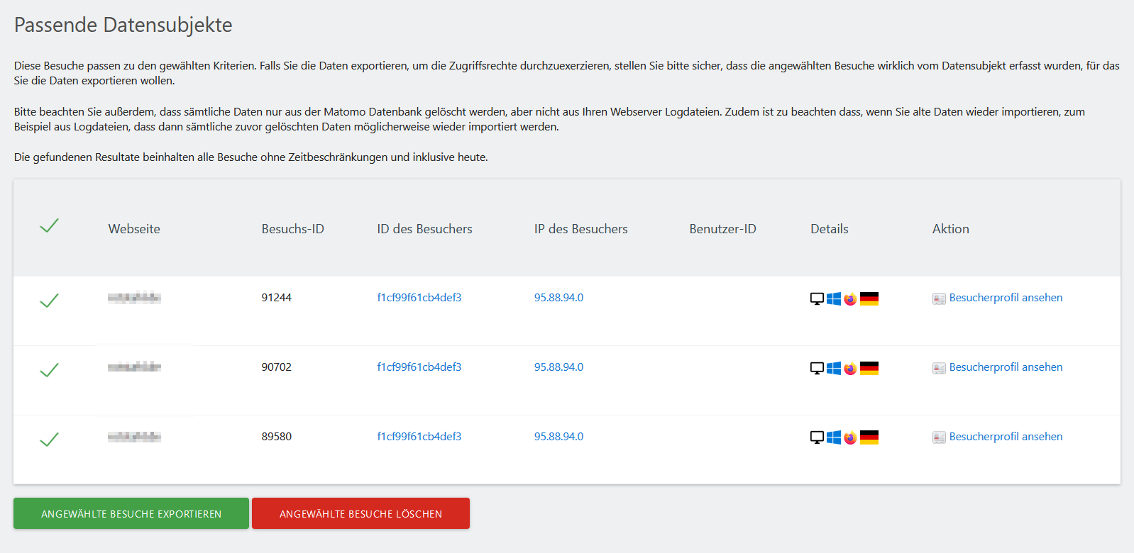 Screenshot Matomo DSGVO Tools /GDPR Tool