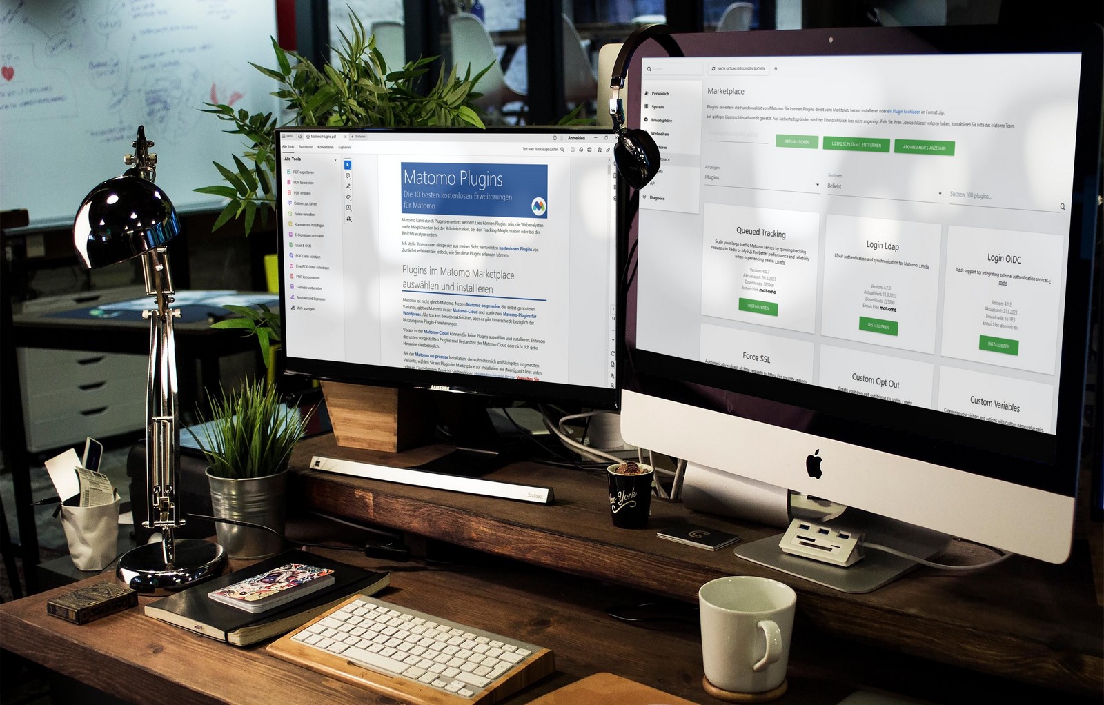 Zwei Bildschirme mit Matomo Marketplace und Ebook zu zehn besten kostenlosen Matomo Plugins