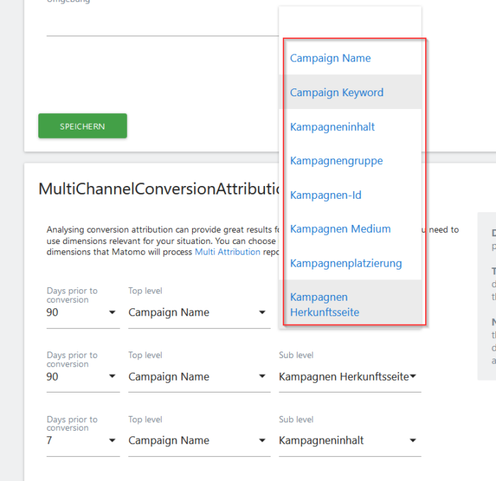 Screenshot Matomo Attributions Kampagnenparameter Dimensionen