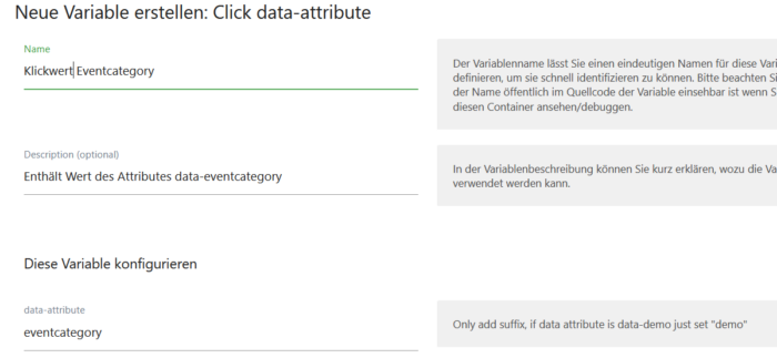 Screenshot Matomo Tag Manager Data Click Variable