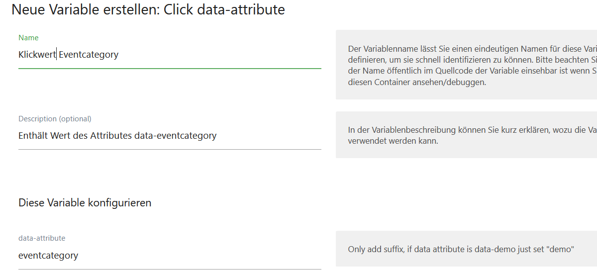 Screenshot Matomo Tag Manager Data Click Variable