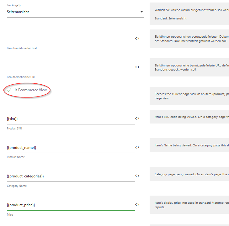 Screenshot Matomo Tag Manager E-Commerce Tracking