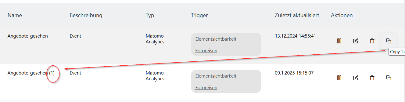 Screenshot MatomoTagManager Kopieren-Funktion