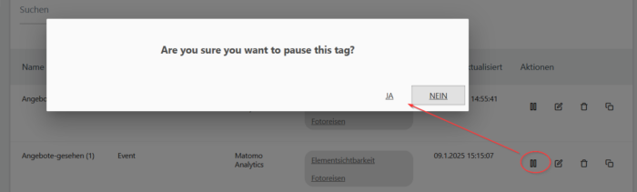 Screenshot MatomoTagManager Pausieren Feature