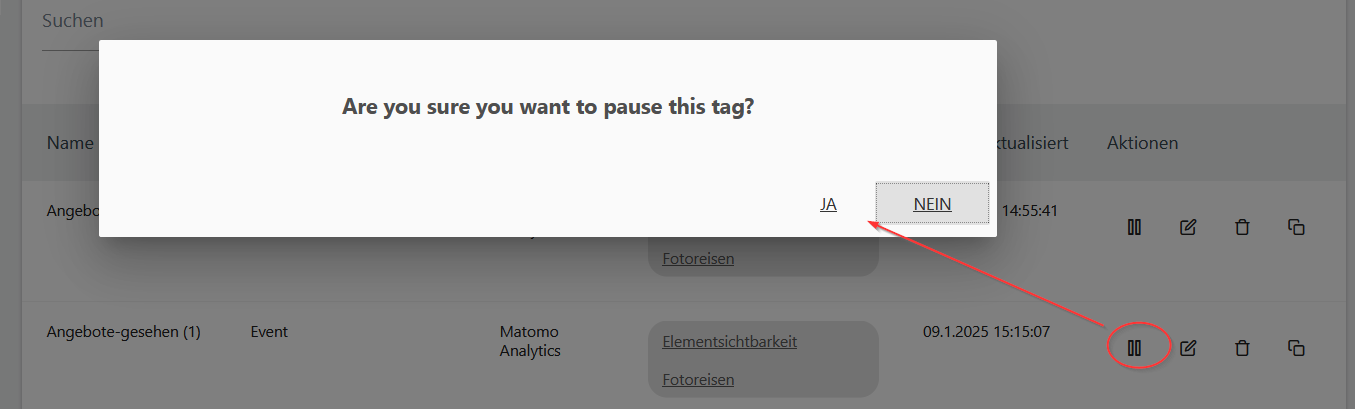 Screenshot MatomoTagManager Pausieren Feature
